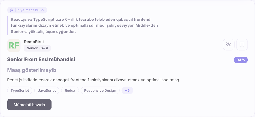 HRX-də iş elanı kartı və «niyə məhz bu» izahı